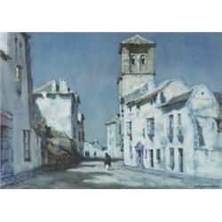 A. Moulton Foweraker (1873 - 1942), Moonlight, a Spanish village street with figures, signed, wat...