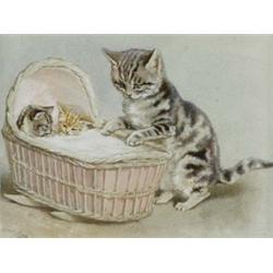Helena Maguire (1860 - 1909), Rocking The Cradle, study of a cat and two kittens, signed with ini...