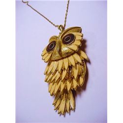 VINTAGE SIGNED ENAMEL MOVEABLE OWL NECKLACE