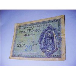 1943 ALGERIA 20 FRANCS BANKNOTE