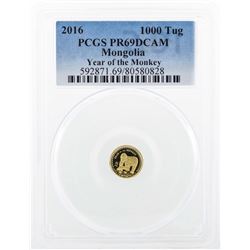 2016 Mongolia 1000 Tug Year of the Monkey Gold Coin PCGS PR69DCAM