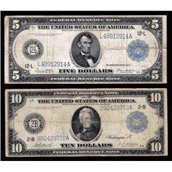 Set of 1914 $5 & $10 Large Size Federal Reserve Notes