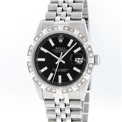 Rolex Mens Stainless Steel Black Index Pyramid Diamond Datejust Wristwatch