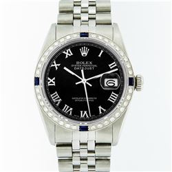 Rolex Mens Stainless Steel Black Roman Diamond and Sapphire Datejust Wristwatch