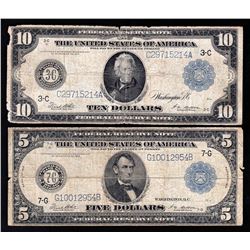 Set of 1914 $5 & $10 Large Size Federal Reserve Notes