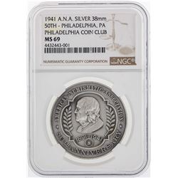 1941 A.N.A Silver 38mm 50thAnniversary Coin NGC MS69