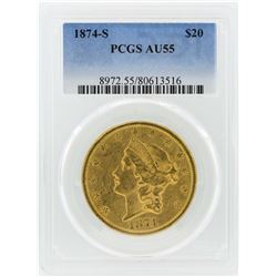 1874-S $20 Liberty Head Double Eagle Gold Coin PCGS AU55