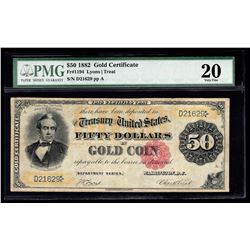 1882 $50 Large Size Gold Certificate Note PMG VF20