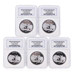 Set of (5) 2012 Lydian Mint .999 Silver 1 Troy Ounce Coins NGC Certified
