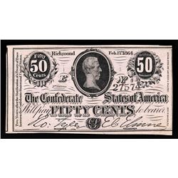 February 17, 1864 Fifty Cents The Confederate States of America Note