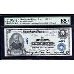 1902 $5 Middletown National Bank Note PMG Gem Uncirculated 65EPQ