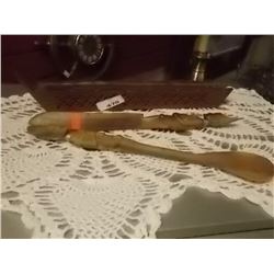 HAND CARVED INSENT HOLDER & 2 CARVED SPOONS