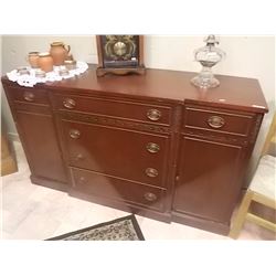 VINTAGE MAHOGANY SHERATON BLOCK FRONT SIDEBOARD - CIRCA 1930 - FITTED CUTLERY DRAWERS & ORIGINAL DRA