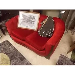 VINTAGE RED LOVE SEAT WITH WOOD ACCENT