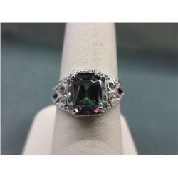 RING - 1.35CT EMERALD FACTTED MYSTIC TOPAZ & 2 DIAMOND IN STERLING SILVER FILIGREE SETTING - INCLUDE