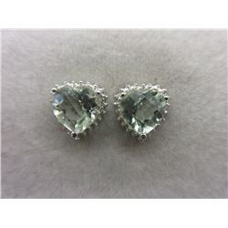 EARRINGS- NEW CUSHION HEART FACETTED UNIQUE GREEN AMETHYST & DIAMONDS IN STERLING SILVER ORNATE SETT