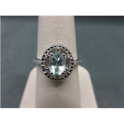 RING - OVAL FACETTED BLUE TOPAZ & DIAMONDS IN STERLING SILVER VICTORIAN DESIGNED SETTING - RETAIL ES