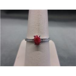 RING - OVAL FACETTED RUBY & DIAMONDS IN STERLING SILVWR SOLITAIRE SETTING - RETAIL ESTIMATE $350