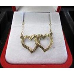 NECKLACE - 10K YELLOW GOLD DOUBLE HEART SETTING - WITH 16" 10K GOLD CHAIN - RETAIL ESTIMATE $450