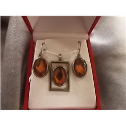 PENDANT AND EARRING SET - SHEPARD HOOKS - CUSION FACETTED BROWN TOPAZ IN STERLING SILVER SETTINGS