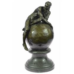 A man Resting On Top Of The World Bronze Sculpture on Marble Base Statue