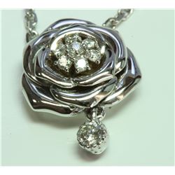 14K WHITE GOLD ROSE PENDANT WITH CHAIN:4.82G/Diamond:0.24Ct