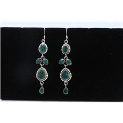 Sterling Silver .925 Vintage  Emerald Gem Stone 12.45Gram  Dangle Earrings