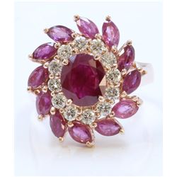 14K ROSE GOLD RING 7.6GRAM DIAMOND 0.58CT RUBY MQ SMALL 2.25CT RUBY CENTER OVAL 1.97CT