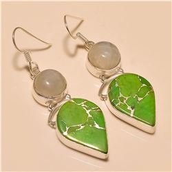 Green Copper Turquoise/Moonstone Earring Solid Sterling Silver