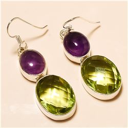 Green Amethyst/Amethyst Earring Solid Sterling Silver