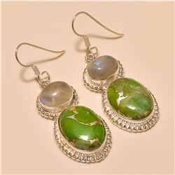 Green Copper Turquoise/Moonstone Earring Solid Sterling Silver