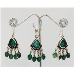Sterling Silver .925 Emerald Beryl Earring And Pendant Set