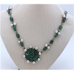 Sterling Silver .925 Emerald Beryl & Pearl Necklace 66 Gram
