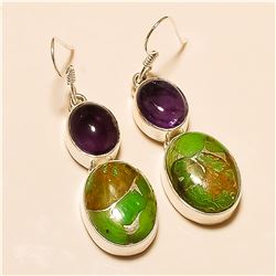 Green Copper Turquoise/Amethyst Earring Solid Sterling Silver