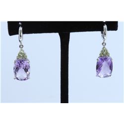 14K WHITE GOLD AMETHYST EARRING:7.1G/Peridot:/Amethyst:11.28Ct