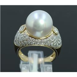 18K Y/G SOUTH SEA PEARL AND DIAMOND RING/10.50 GRAMS/ROUND DIAMOND 1.19CT/PEARL 13.00MM