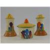 Image 1 : A CLARICE CLIFF BIZARRE CRUET SET, salt, pepper and mustard pot, 'Crocus' pattern, height of larg...