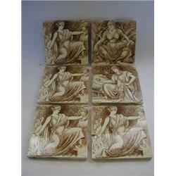 SIX MINTONS TILES, brown transfer printed figure subjects symbolising the Arts and Crafts, design...