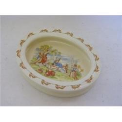 A ROYAL DOULTON 'BUNNYKINS' DISH, oval with high edge, transfer design by Barbara Vernon, length...