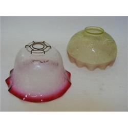 TWO ETCHED GLASS PENDANT LIGHT SHADES,  early 20th Century, one with ruby rim, the other green ti...