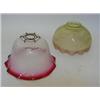 Image 1 : TWO ETCHED GLASS PENDANT LIGHT SHADES,  early 20th Century, one with ruby rim, the other green ti...