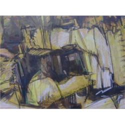 CROWTHER, an abstract composition in yellow, black and body colour in the manner of William Gear,...