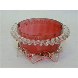 A RUBY GLASS BOWL, clear pincered rim and foot, diameter 14cm  20-30...