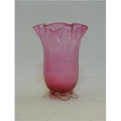 A RUBY GLASS TRUMPET VASE, wavy rim, clear pincered foot, height 18cm, (foot s.d.)  20-30...