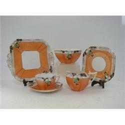 A SHELLEY PART TEA SET, Queen Anne range, 'Damsons' pattern 11636, cream, sugar, two cake plates,...