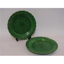 A PAIR OF WEDGWOOD DESSERT PLATES, 19th Century, moulded sunflower design, green majolica glazes,...