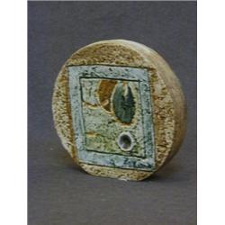 A TROIKA POTTERY CIRCULAR VASE, geometric textured design, script mark, diameter 12cm  30-40...