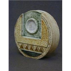 A TROIKA POTTERY CIRCULAR VASE, inverted textured geometric design, script mark and 'V'monogram,...