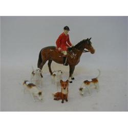 A BESWICK HUNTSMAN, No.1501, brown horse, four foxhounds Nos.2262 (2), 2264 & 2265 and a Fox - se...