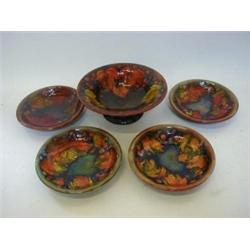 A MOORCROFT FOOTED BOWL, and four plates, tube-lined berry design, deep red and blue glazes, impr...